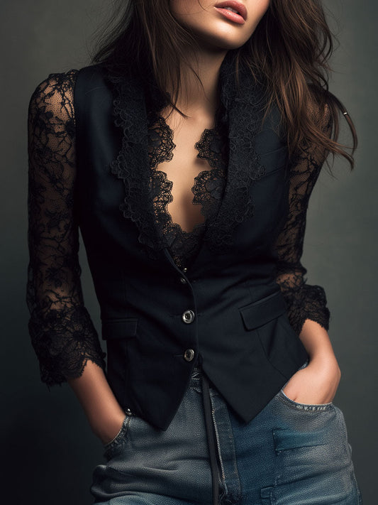 Noemie | Blazer negro de corte alto con mangas semitransparentes