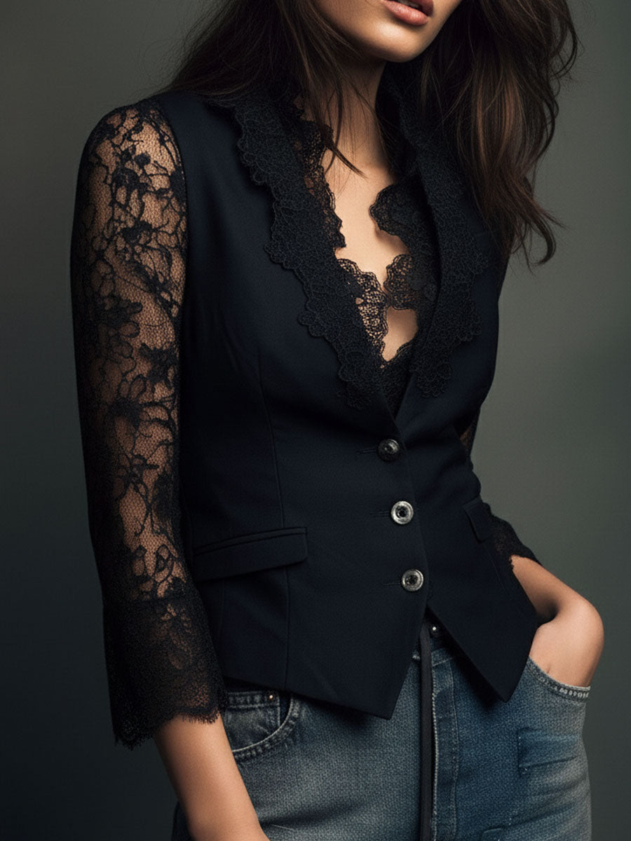 Noemie | Blazer negro de corte alto con mangas semitransparentes