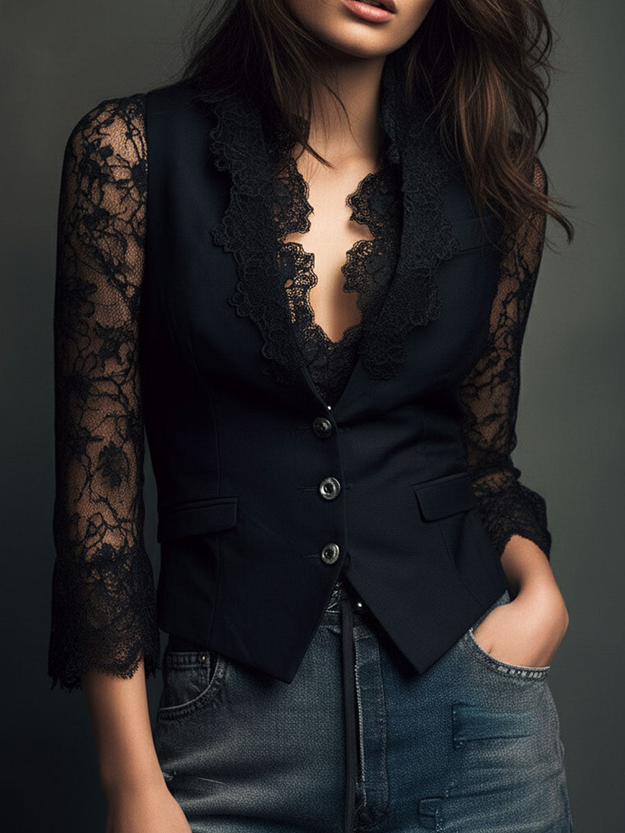 Noemie | Blazer negro de corte alto con mangas semitransparentes