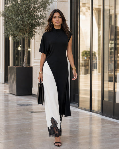 Alina Asymmetric Tunic & Lace-Trim Trouser Set - Black / Ivory - talla XS