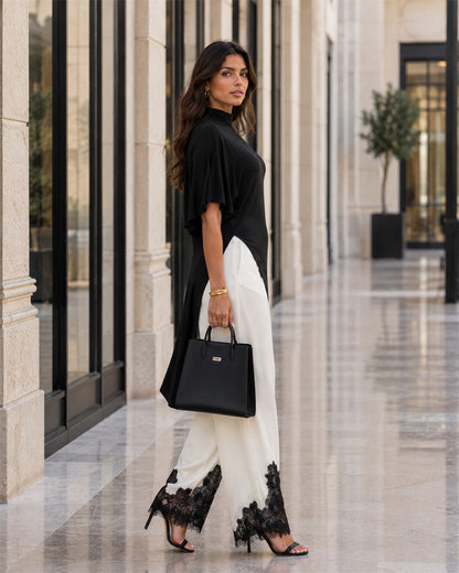 Alina Asymmetric Tunic & Lace-Trim Trouser Set - Black / Ivory - talla S
