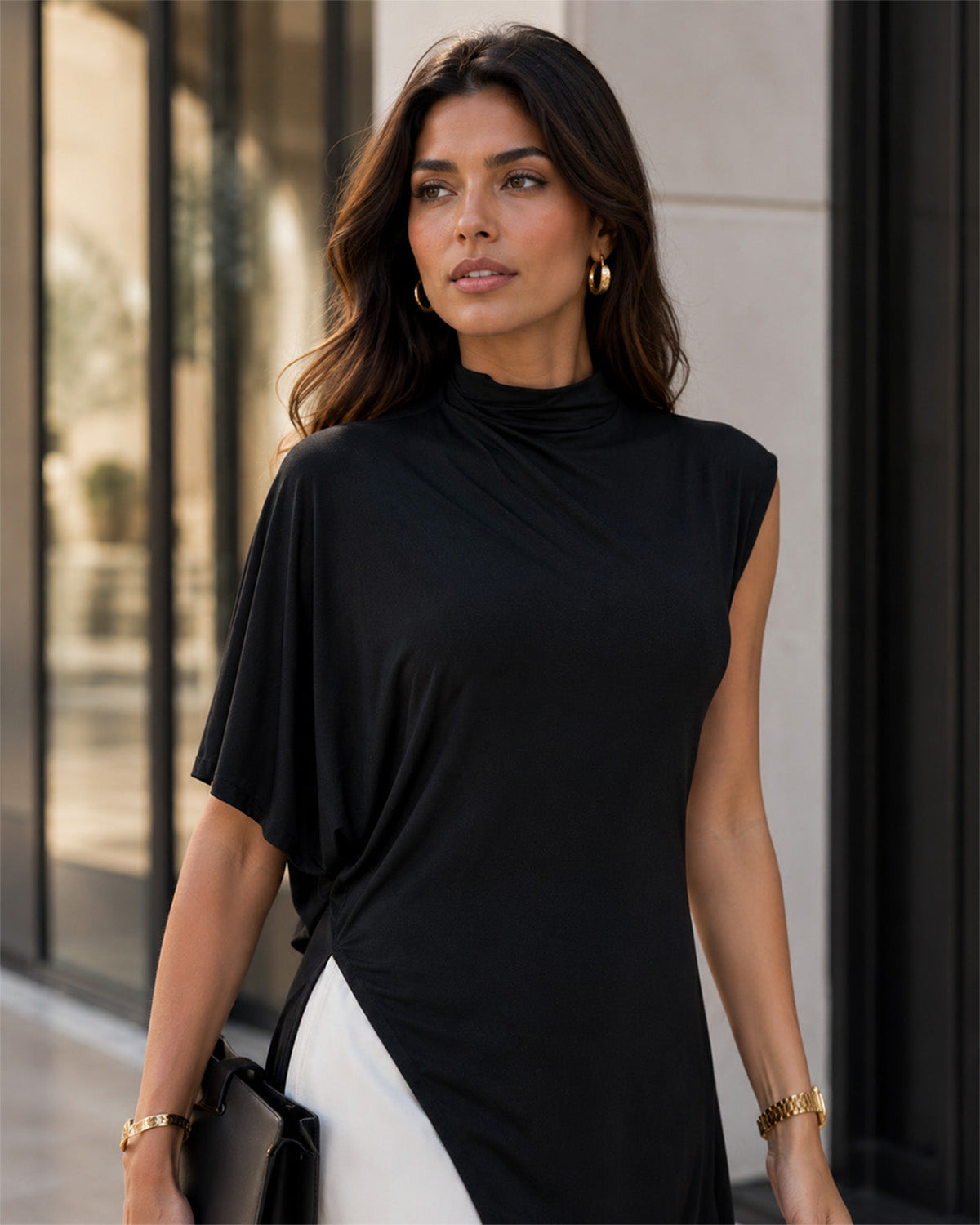 Alina Asymmetric Tunic & Lace-Trim Trouser Set - Black / Ivory - talla M