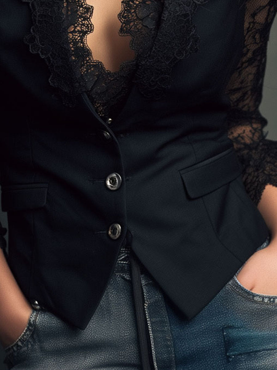 Noemie | Blazer negro de corte alto con mangas semitransparentes